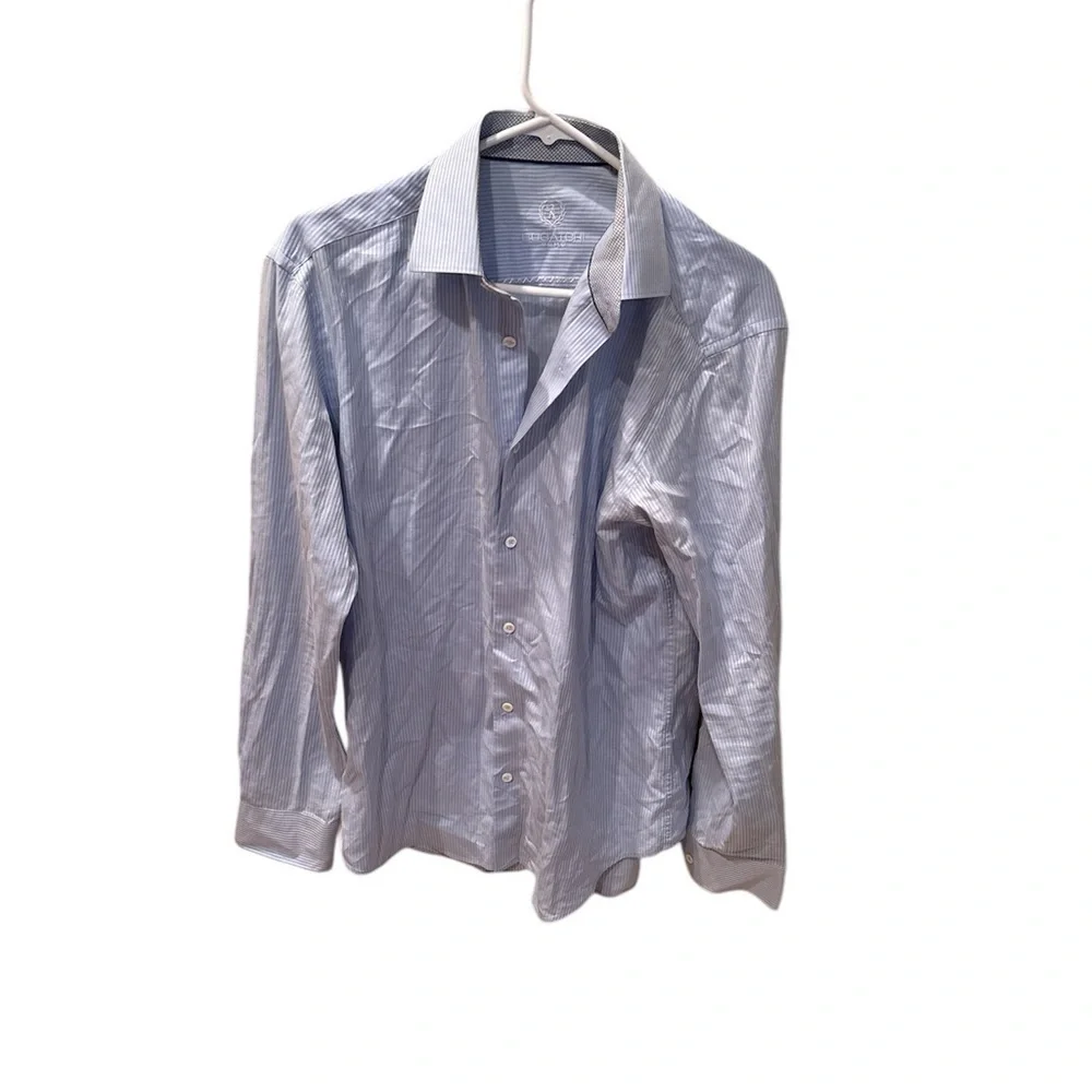 Bugatchi Men's blue and white horizontal pinstripes collared shirt
